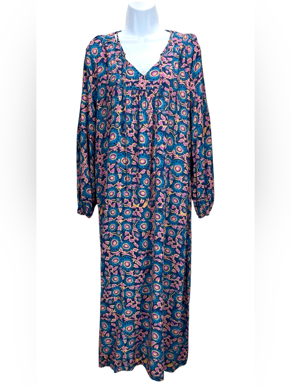 Natural Life XL Floral Boho Maxi Dress Blue Purple Rayon Long Sleeve Cottagecore